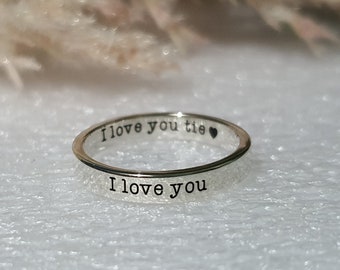 3 mm Solid Silver I LOVE YOU Ring Custom Engraved on thin flat ring, Simple Promise Ring for Couple Lover, Ring Engraving Short Love Quotes