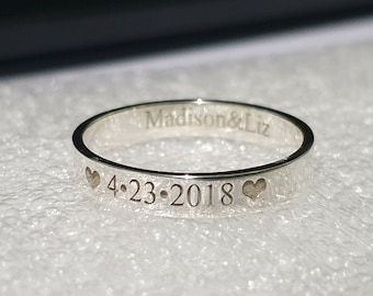 925Silver ENGRAVED DATE RING with Name, Two ring for couple promise ring double name, Personalized Engravable Anniversary ring Roman Numeral