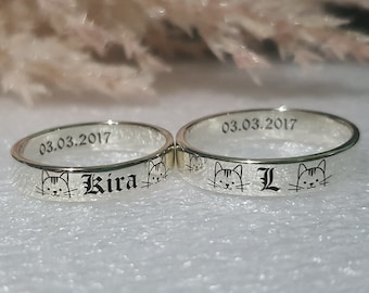 4mm Custom CUTE ENGRAVED RING Sterling Silver Band Personalized, Matching Ring for Best Friend Promise Ring for her and him, Unique Couple