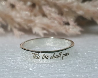 4 mm Custom Engraved This Too Shall Pass Ring, SOLID STERLING SILVER Inspiration Ring for her him, Personalized Quote Engravable Large Size
