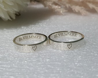 4 mm sterling silver COUPLE PROMISE RING Set wedding bands statement engagement ring heart date number roman numeral stackable his and hers