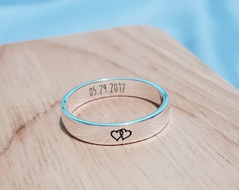 4 mm COUPLE RING,PERSONALIZED Ring,Custom Engraved Heart, Promise ring for couples,Engagement ring,Promise Ring,Silver engraved ring stack