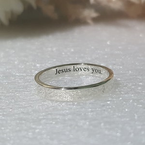 3 mm Custom Engraved JESUS LOVES YOU Ring, Inspirational Ring Quotes, Christian Promise Faith Ring,  Verses from Bible on Ring Cross Inside