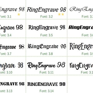 May include: A comparison of different font styles for the text "RingEngrave 98". The font sizes range from 3.1 to 3.14. Some fonts have a star rating.