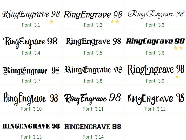 May include: A comparison of different font styles for the text "RingEngrave 98". The font sizes range from 3.1 to 3.14. Some fonts have a star rating.