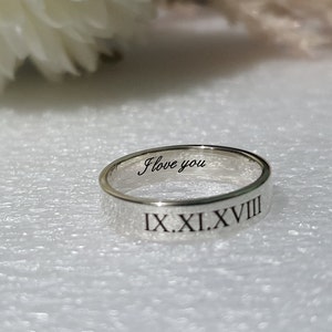 4 mm LOVE ENGRAVED RING custom Date Roman Numeral wedding band unique anniversary gift couple promise ring for him I love you personalized image 2