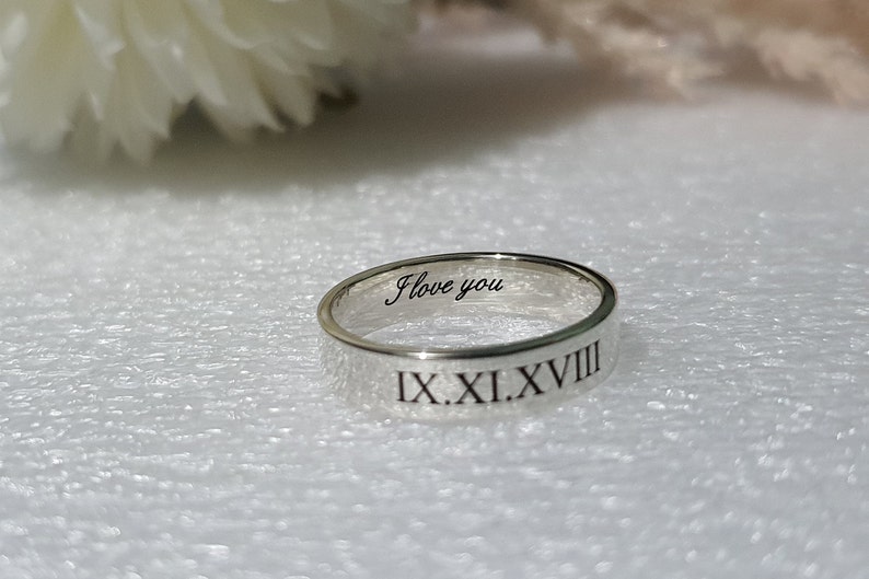 4 mm LOVE ENGRAVED RING custom Date Roman Numeral wedding band unique anniversary gift couple promise ring for him I love you personalized image 2