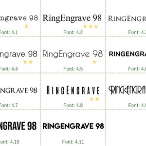 May include: A comparison of different font styles for the text "RingEngrave 98". The font styles range from a simple serif font to a bold, sans-serif font. The font styles are rated on a scale of 4.1 to 4.11.