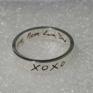 4 mm aangepaste WERKELIJKE HANDSCHRIFTRING gegraveerd sterlingzilver, echte handtekeningring, beloftering voor haar hem band, herinneringsring vader moeder geschreven