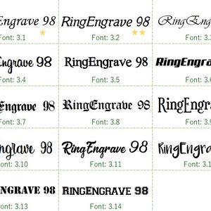Pu&ograve; includere: Un confronto di diversi stili di font per il testo "RingEngrave 98". Le dimensioni del font vanno da 3,1 a 3,14. Alcuni font hanno una valutazione a stelle.