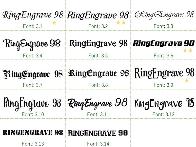 Pu&ograve; includere: Un confronto di diversi stili di font per il testo "RingEngrave 98". Le dimensioni del font vanno da 3,1 a 3,14. Alcuni font hanno una valutazione a stelle.