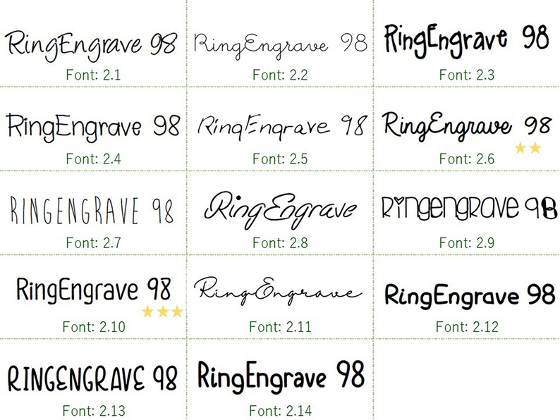 Pu&ograve; includere: Una griglia di 12 diversi stili di font per il testo "RingEngrave 98". Ogni stile di font &egrave; etichettato con una dimensione del font, che va da 2,1 a 2,14.