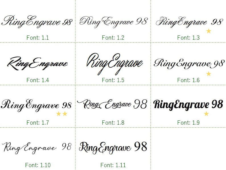 May include: A comparison of different font sizes for the text "Ring Engrave 98". The font size increases from 1.1 to 1.9, with a few sizes in between. The text is in a cursive font style.