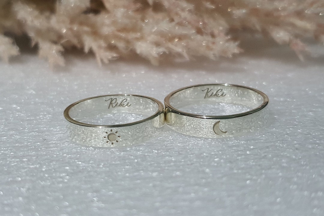 Custom SUN and MOON Promise RINGS for Couple, Personalize Silver Ring With Initail Engraving