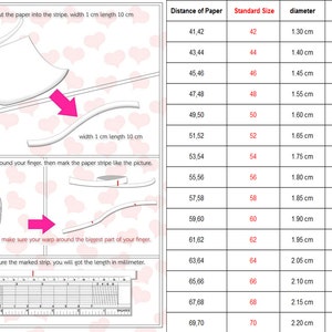 Pu&ograve; includere: Un grafico che mostra come misurare la taglia del tuo anello usando un pezzo di carta. Il grafico include misure in centimetri, taglie di anello americane e taglie di anello giapponesi.