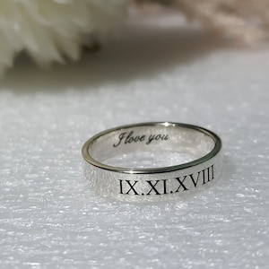 4 mm LOVE ENGRAVED RING custom Date Roman Numeral wedding band unique anniversary gift couple promise ring for him I love you personalized