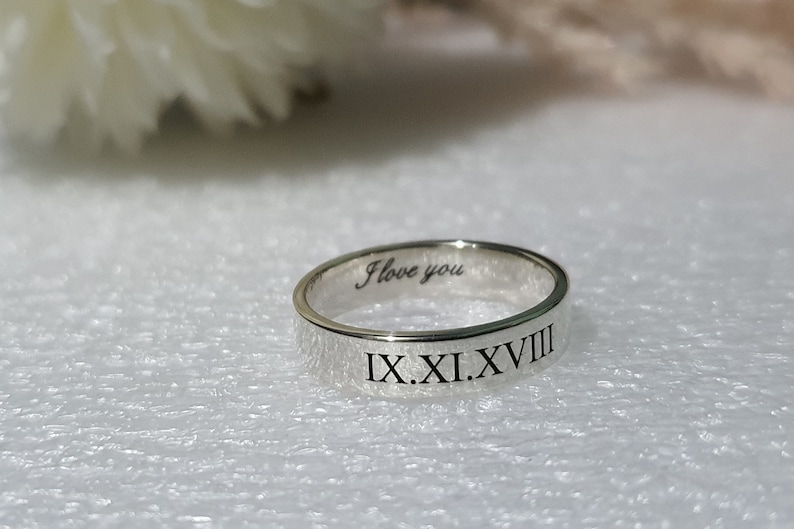 4 mm LOVE ENGRAVED RING custom Date Roman Numeral wedding band unique anniversary gift couple promise ring for him I love you personalized image 1