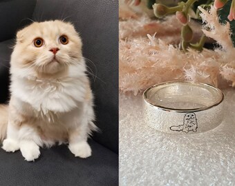 sterling silver Custom PET PORTRAIT RING cat photo engrave ring dog memorial for cat lover gift or dog lover gift loss of pet gift pet name