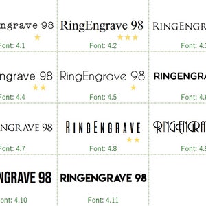 Pu&ograve; includere: Un confronto di diversi stili di font per il testo "RingEngrave 98". Gli stili di font vanno da un semplice font serif a un font sans-serif in grassetto. Gli stili di font sono valutati su una scala da 4,1 a 4,11.