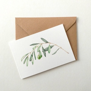 POSTAL.TARJETA.OLIVO. Tarjeta de felicitación.Aniversario.Impresión.Rama de olivo.Paz.Aceitunas verdes.Estampado en acuarela.Tarjeta con sobre.