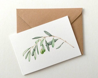 POSTCARD.CARD.OLIVE TREE. Greeting card.Anniversary.Print.Olive branch.Peace.Green olives.Watercolor print.Card with envelope.