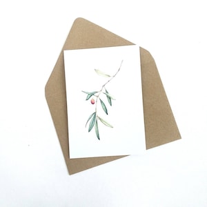 CARTE POSTALE.OLIVIER. Carte de voeux.Print.Olive branch.Peace.Happiness.Olives.Watercolor print.Carte avec enveloppe.Méditerranée.Italie.
