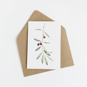 CARTOLINA.BIGLIETTO.ULIVO. Biglietto di auguri.Stampa.Ramo di ulivo.Pace.Olive.Stampa da acquerello.Biglietto con busta.Mediterraneo.Italia.
