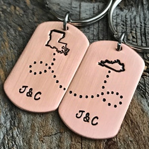 Long Distance Girlfriend Gift Mini Dog Tag Hand Stamped Jewelry Husband Wife Gift Anniversary Keychain Set Long Distance Relationship Gift