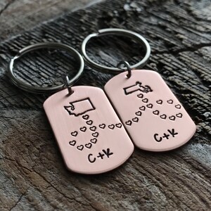 Long Distance Boyfriend Gift Mini Dog Tag Hand Stamped Jewelry Husband Wife Gift Anniversary Keychain Set Long Distance Relationship Gift
