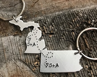 Personalized Initials Keychain ANY State hand stamped Keychain gift long distance relationship gift couples boyfriend girlfriend gift BFF