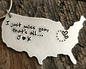 Long distance Girlfriend Gift USA Keychain State keychain hand stamped jewelry long distance relationship gift Girlfriend Gift US keychain