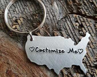 Customizable USA Keychain Design your own State Keychain Long Distance Relationship Gift Girlfriend Gift BFF Gift Going Away Gift LDR Gift