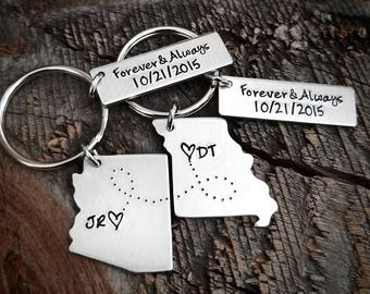 Custom State Keychain with Date Charm Pick your state or country long distance relationship gift South America hand stamped girlfriend gift