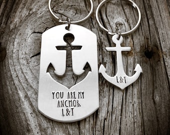 Anchor Keychain Gift Set Couples Gift You Are My Anchor Dog Tag Set Hand Stamped Anchor Keychain Anniversary gifts for boyfriend husband