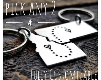 Pick ANY 2 State Keychain Set personalized hand stamped gift long distance relationship gift couples gift boyfriend girlfriend gift BFF gift