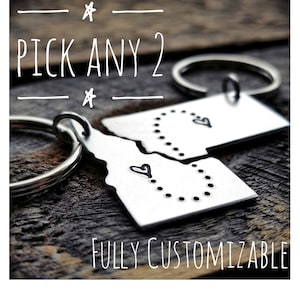 Pick ANY 2 State Keychain Set personalized hand stamped gift long distance relationship gift couples gift boyfriend girlfriend gift BFF gift