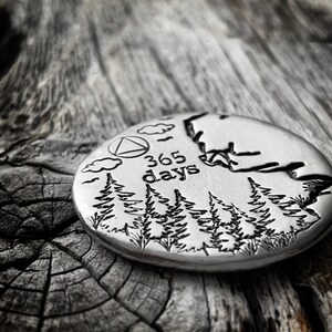 May include: A silver round disc with an engraved design of a mountain range, trees, clouds, and a triangle with a circle inside. The text "365 days" is engraved on the disc.