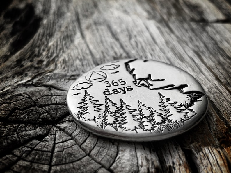 May include: A silver round disc with an engraved design of a mountain range, trees, clouds, and a triangle with a circle inside. The text "365 days" is engraved on the disc.