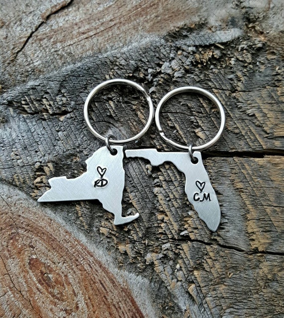 Initial State Keychain personalized hand stamped Keychain gift long  distance relationship gift couples boyfriend girlfriend Florida Keychain