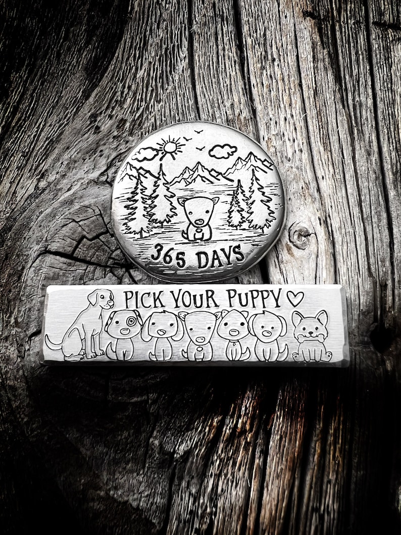 May include: Two metal dog-themed items. One is a round coin with a mountain and forest scene, a sun, and the text "365 DAYS". The other is a rectangular bar with the text "PICK YOUR PUPPY" and dog illustrations.