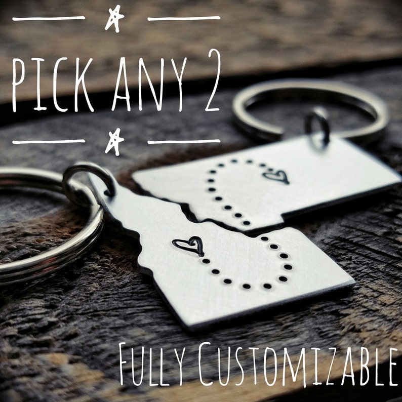 Pick ANY 2 State Keychain Set personalized hand stamped gift long distance relationship gift couples gift boyfriend girlfriend gift BFF gift image 2