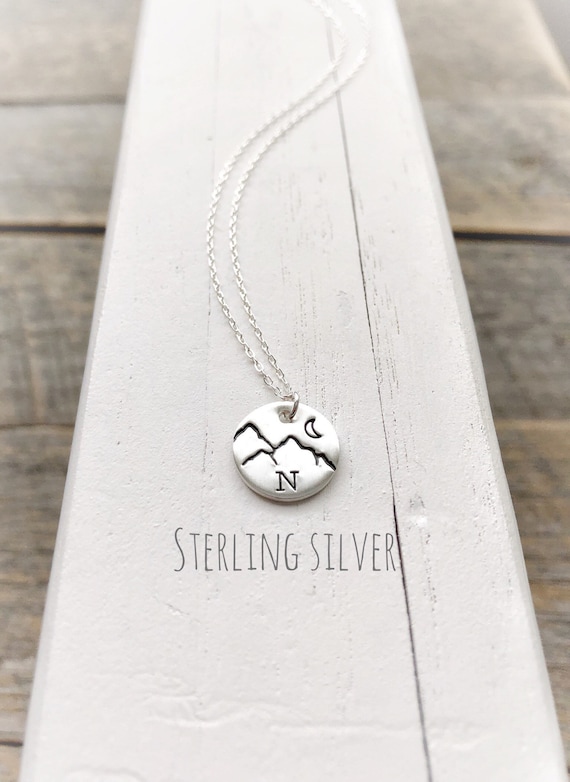 Initial Necklace, Sterling Silver Disc Necklace, Initial Disc Necklace, Mountain Jewerly, Wanderlust Jewelry, Mountain Necklace, Adventurer