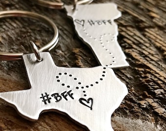 BFF Gift Best Friends Custom Keychain Set ANY State hand stamped gift long distance friendship gift christmas #BFF birthday country gift set