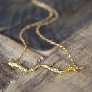 18k Vermeil Gold Branch Necklace on Dainty 18 Inch 14k Gold Chain Minimal Jewelry Mothers Day Gift Birthday Anniversary Gift Nature Organic