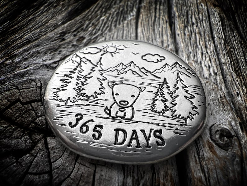 May include: A round, silver-colored metal pendant with an engraved design. The design features a cartoon dog, mountains, trees, sun, and the text "365 DAYS". The pendant is set against a rustic wooden background.