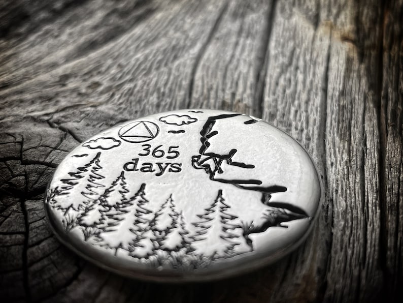 May include: A silver-colored metal token with a design of trees, clouds, and a triangle with the text "365 days" inside. The token is on a wooden surface.