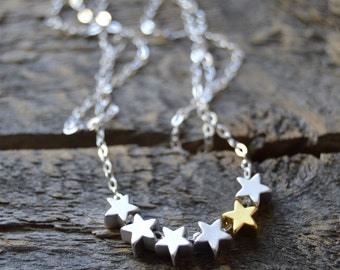 Silver and Gold Lucky Star Necklace on Sterling Silver Minimalist Jewelry Wedding Birthday Mothers Day Celestial Jewelry Daughter Gift