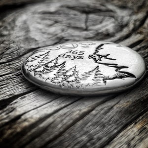 May include: A silver round disc with a design of trees and the text "365 days" engraved on it. The disc is resting on a piece of weathered wood.