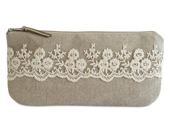 Clutch, pure linen natural with beige lace mallow
