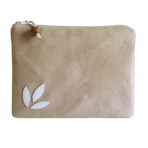 Clutch, imitation suede beige with white leather flower